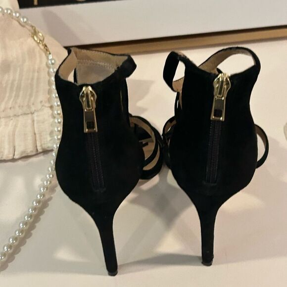 Ann Taylor Black leather fringe heels open toe heels stiletto - Picture 4 of 7